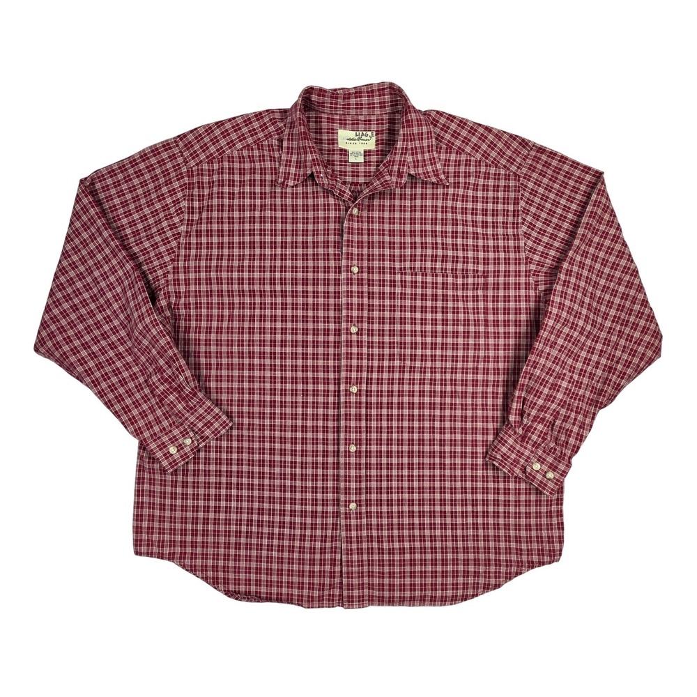 Eddie Bauer Mens Large Red White Plaid Button Down Shirt 100% Cotton Long Sleeve